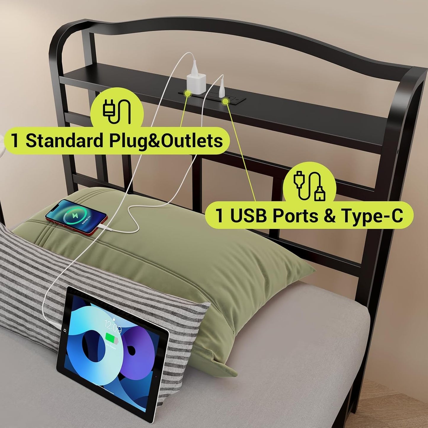 Metal Bed Frame with Headboard and USB & Type C Charging Station, Heavy Duty Metal Bed Frame No Box Spring Needed with Ample Storage Space - Easy Assembly and Noise Free(Black, Twin)