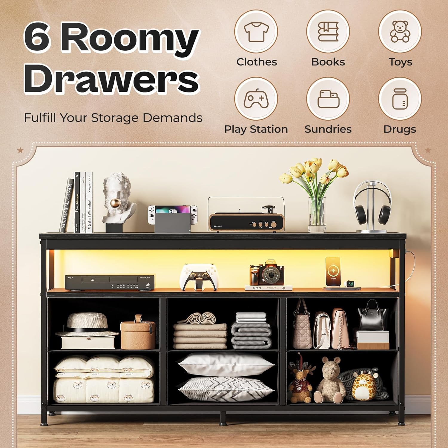 LED TV Stand for Bedroom, 47 Inch Dresser TV Stand for 43, 50, 55 Inch TV, Black TV Stand with Storage, Entertainment Center with Power Outlets, 6 Drawer Fabric Dresser for Living Room