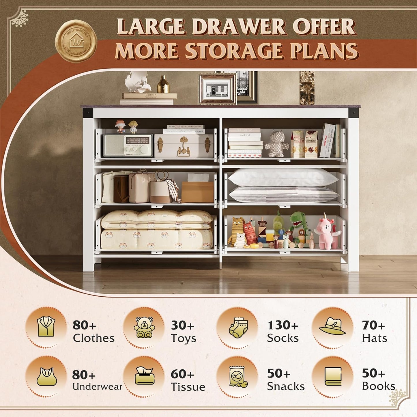 Farmhouse 6 Drawer Dresser for Bedroom, 53.07'' Wide Wood Dresser, White Dressers Storage Organizer with Double Rustic Handle, TV Stand for 60 Inch TV, Chest of Drawers for Living Room, Hallway