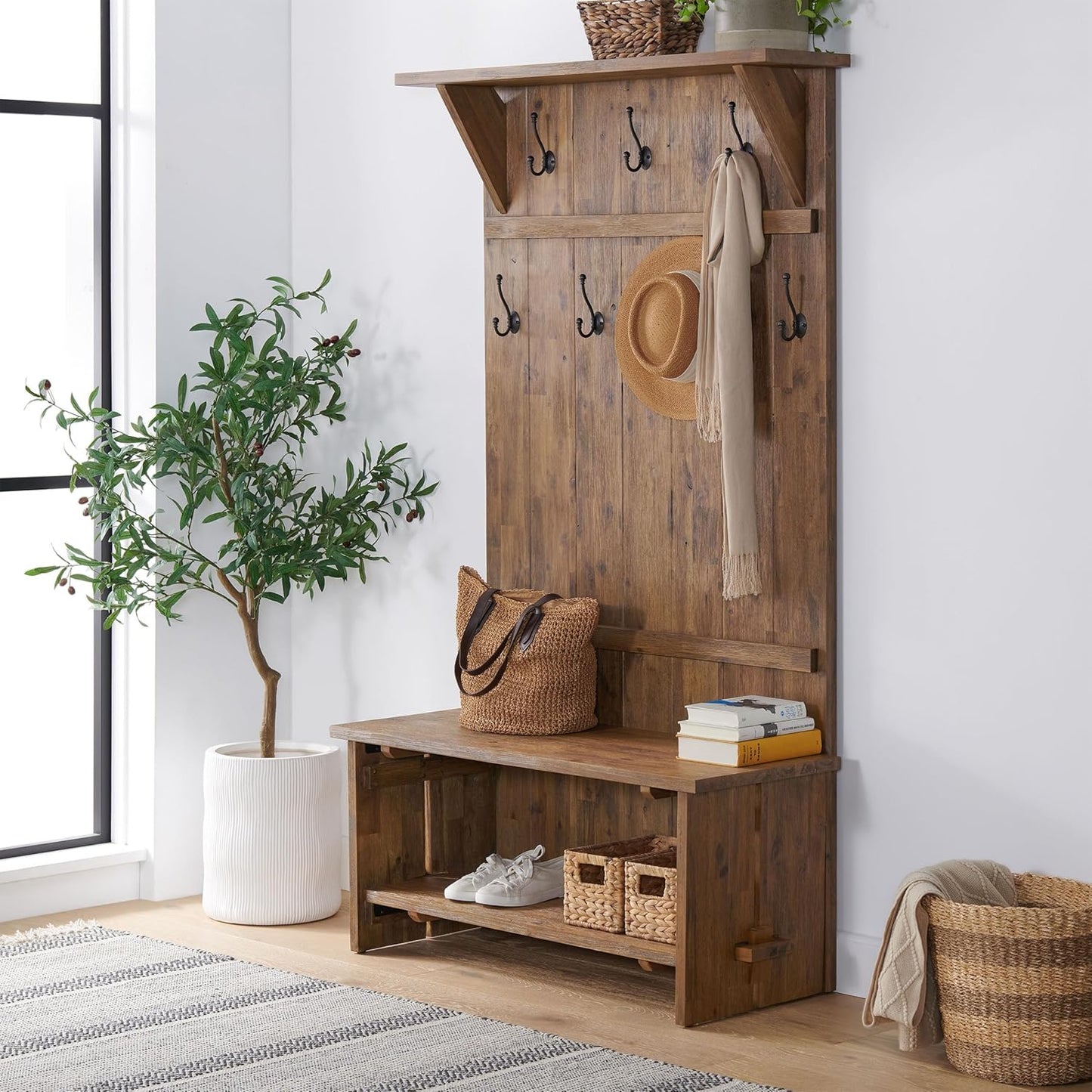 Bethel 70-Inch Acacia Wood Hall Tree with Bench, Storage Shelves & Metal Coat Hooks – Entryway Organizer for Mudroom, Hallway, or Kitchen (Natural Aged Brown Finish)