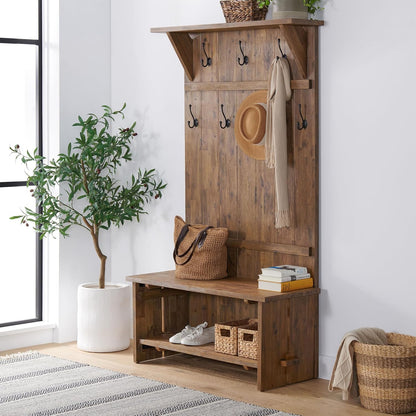 Bethel 70-Inch Acacia Wood Hall Tree with Bench, Storage Shelves & Metal Coat Hooks – Entryway Organizer for Mudroom, Hallway, or Kitchen (Natural Aged Brown Finish)
