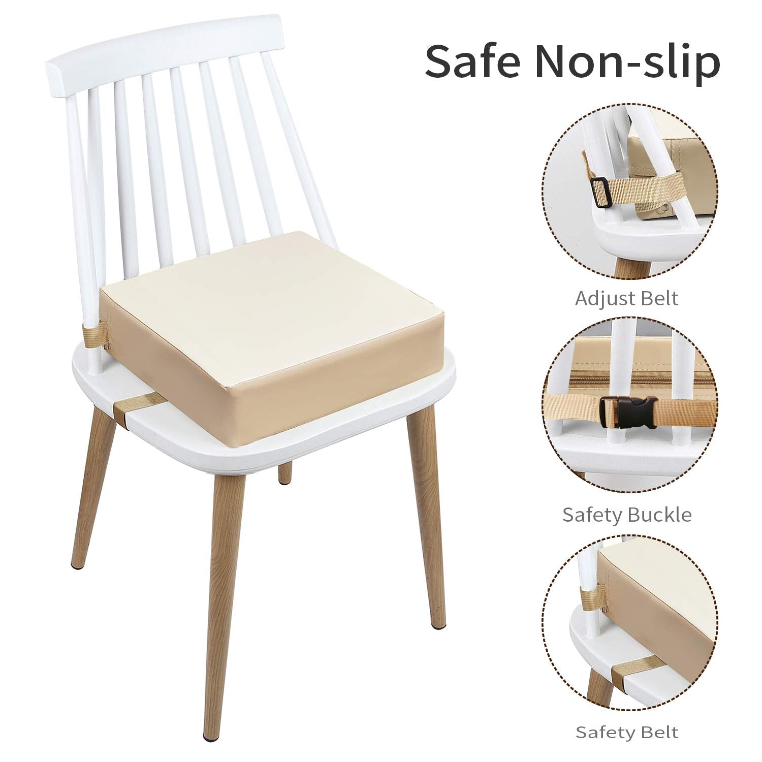 Toddler Booster Seat Dining, Washable 2 Straps Safety Buckle Kids Booster Seat for Dining Table, Portable Travel Increasing Cushion (Beige-Pu)