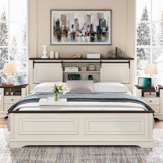 Farmhouse King Size Bed Frame with Storage Headboard, Charging Station, Bracket Footboard, Antique White Bed Frame with Bookcase and Sliding Barn Doors, Noiseless