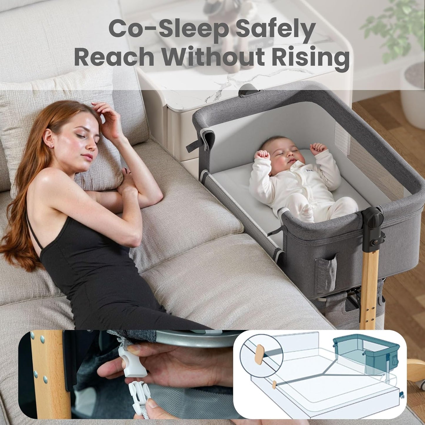 Baby Bassinet, Bedside Bassinet for Baby, 3 in 1 Adjustable Height Bedside Sleeper with Wheels, Breathable Mesh, Easy Folding Portable Crib, Rocking Mode & Storage Basket for Newborn Infants