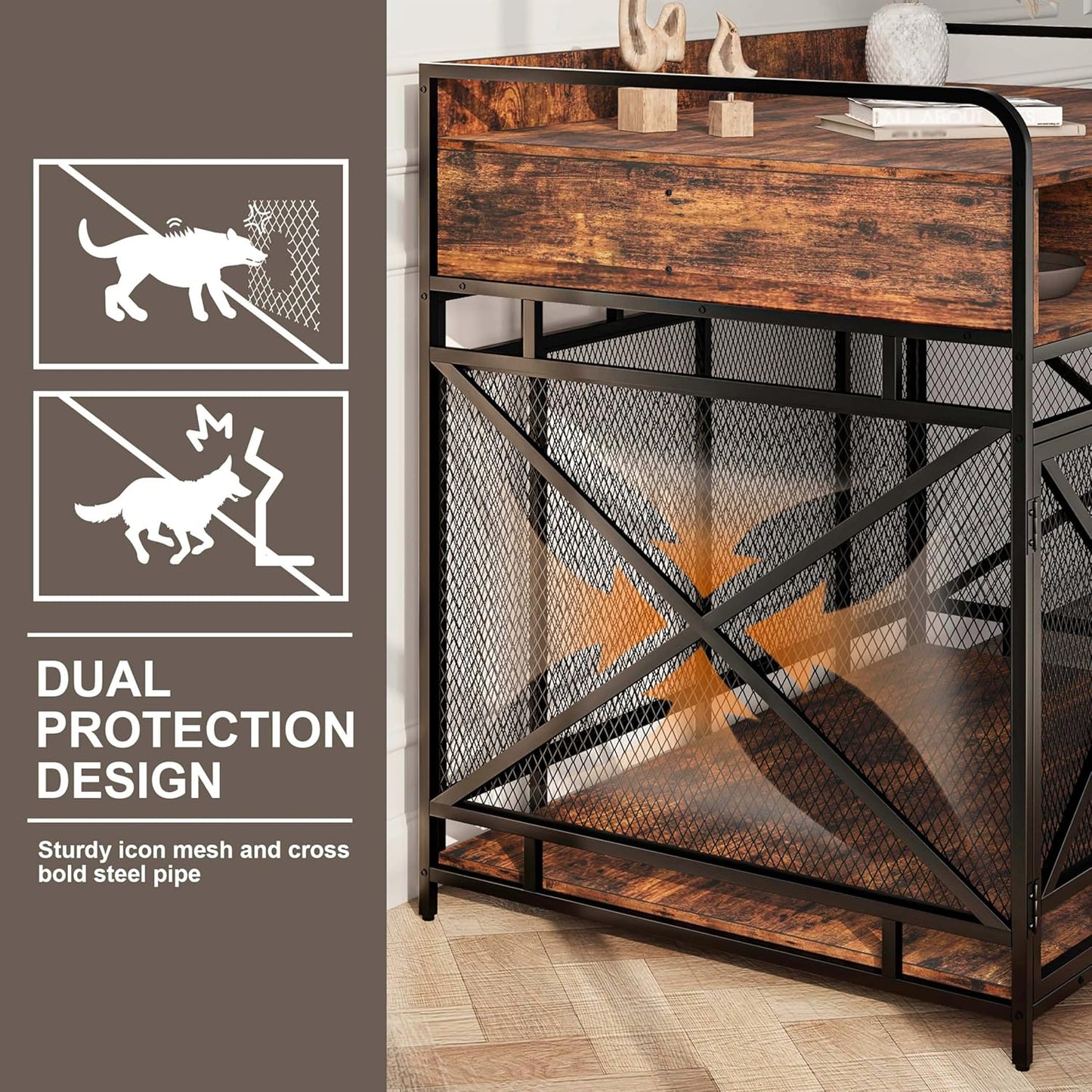 Dog Crate Furniture, 48" Heavy Duty Wooden Dog Crate End Table, XL Dog Kennel Furniture Large Breed, Decorative Dog Kenne Indoor with 3 Drawers & Steel Tubes 48" L X28 W X36 H (Rustic Brown)