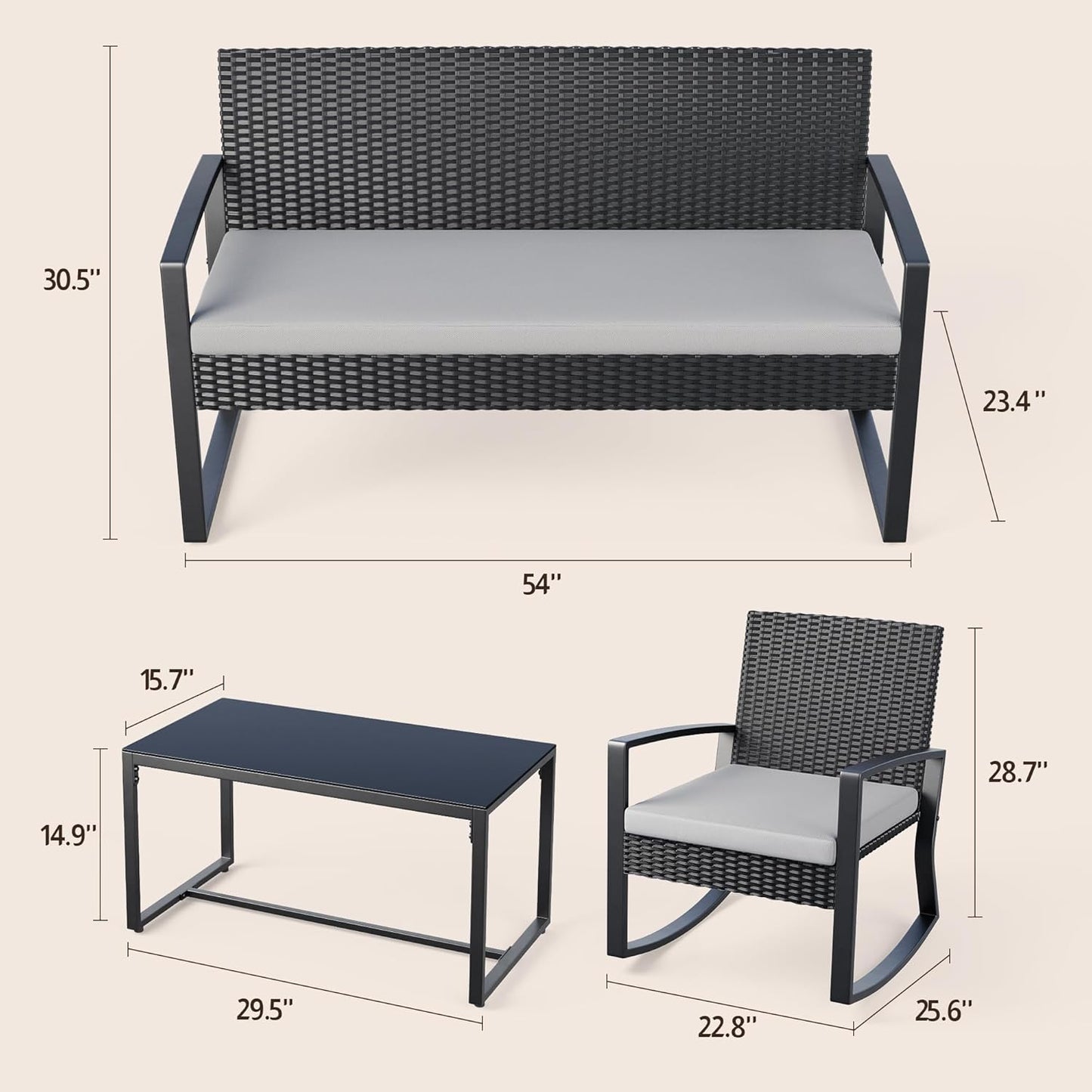 4 Piece Outdoor Patio Furniture Set, Wicker Patio Furniture with Glass Coffee Table, Rocking Wicker Bistro Set, for Backyard, Poolside, Porch (Grey)