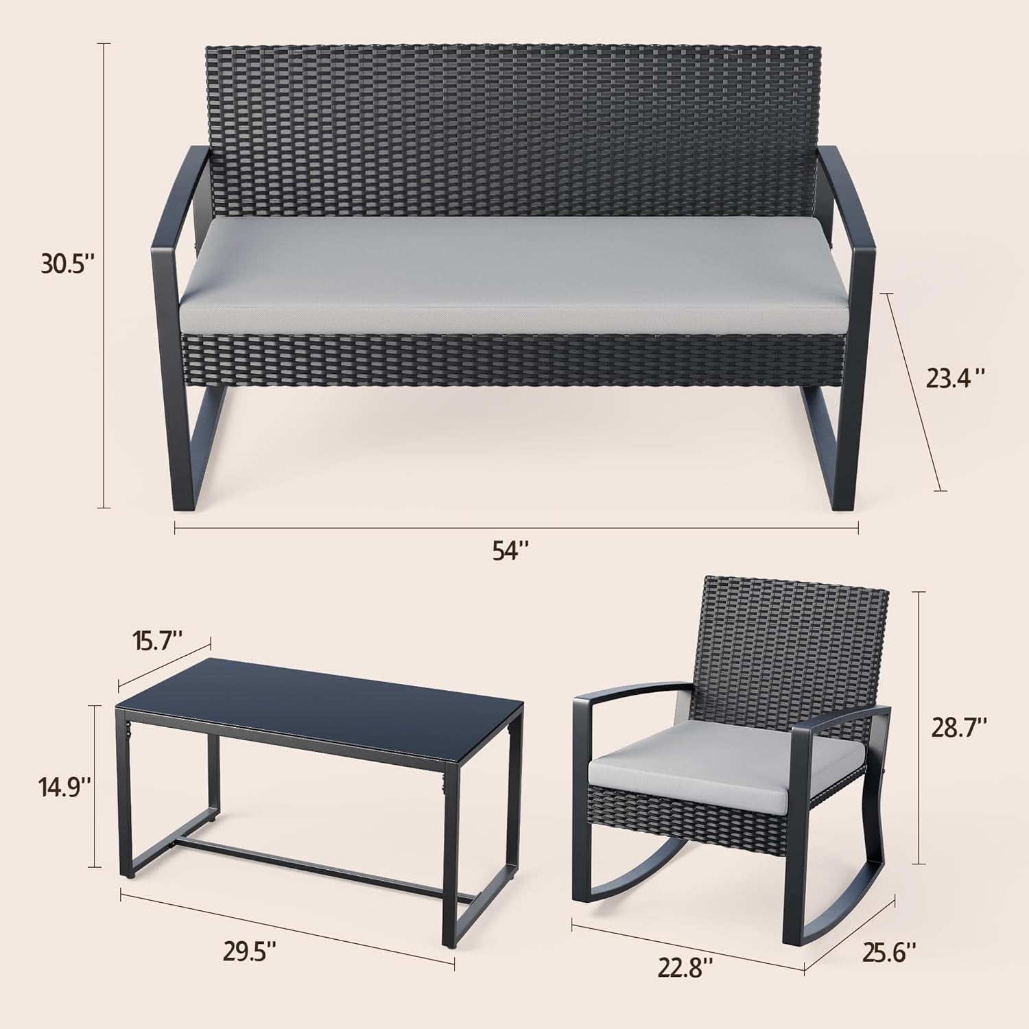 4 Piece Outdoor Patio Furniture Set, Wicker Patio Furniture with Glass Coffee Table, Rocking Wicker Bistro Set, for Backyard, Poolside, Porch (Grey)