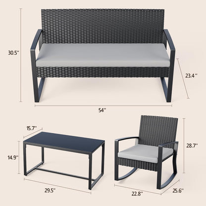 4 Piece Outdoor Patio Furniture Set, Wicker Patio Furniture with Glass Coffee Table, Rocking Wicker Bistro Set, for Backyard, Poolside, Porch (Grey)