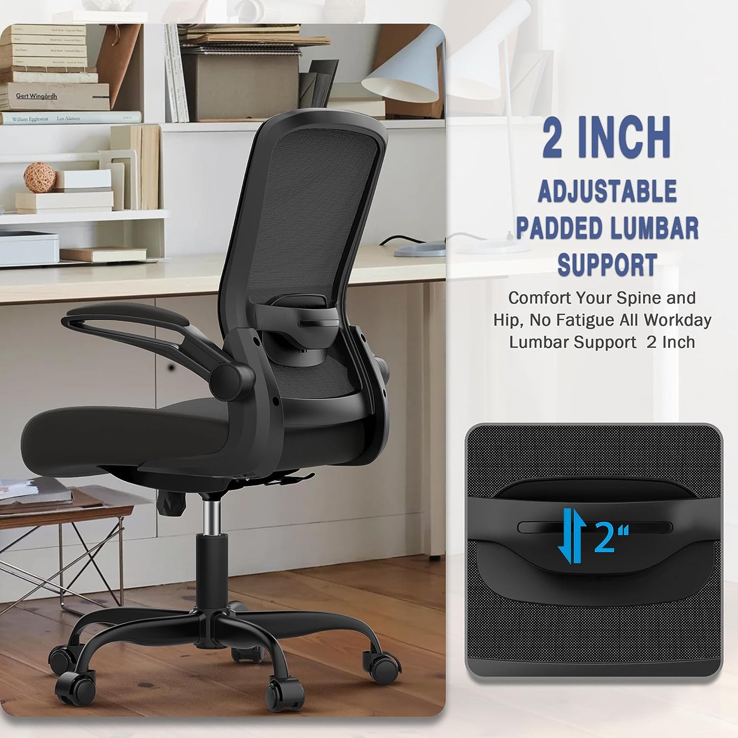 Ergonomic Office Chair - BIFMA Certified, Flip-Up Armrests & 135° Recline, Adjustable Lumbar Support - Space-Saving Task Chair for Business/Team Office & Home (Black, 300Lbs)