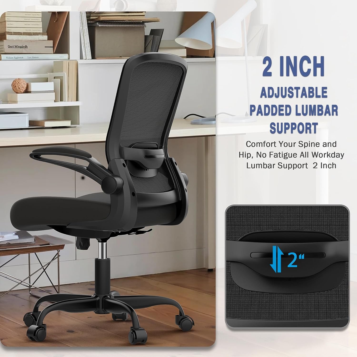 Ergonomic Office Chair - BIFMA Certified, Flip-Up Armrests & 135° Recline, Adjustable Lumbar Support - Space-Saving Task Chair for Business/Team Office & Home (Black, 300Lbs)