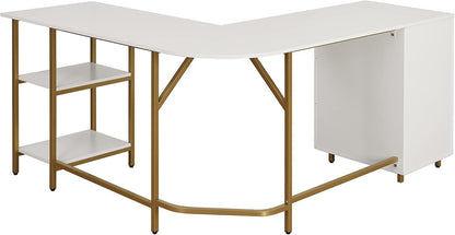 L Shaped Desk - Two-Toned Computer Desk with Drawers & Storage Shelves - Simple Modern Furniture & Home Office Space Corner Table for Work & Writing