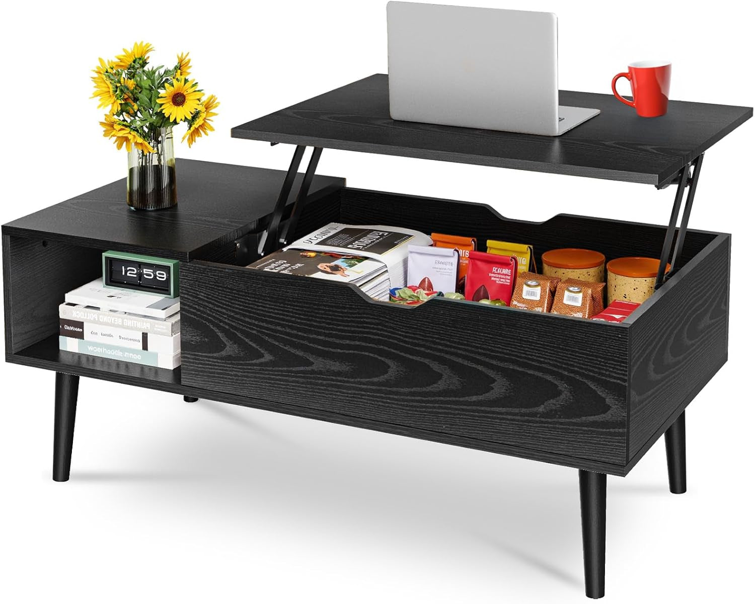 Wood Lift Top Coffee Table with Hidden Compartment and Large Storage Shelf, Lift Tabletop Dining Center Table for Home Living Room Office, Black