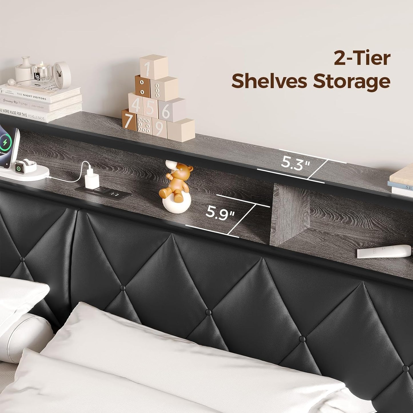 Queen Headboard Only, Headboard for Queen Size Bed with Storage, Upholstered Headboards with LED Lights & Charging Station, Attach Frame, Ideal for Bedroom/Dorm/Guest Room, Black, Faux Leather