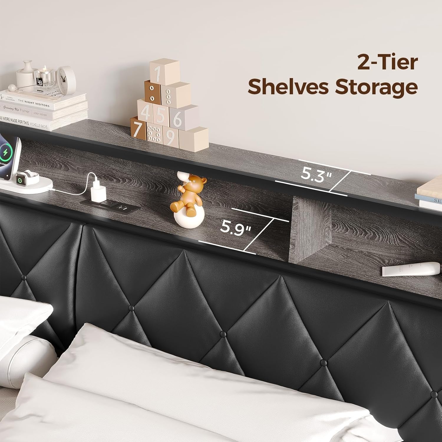 Queen Headboard Only, Headboard for Queen Size Bed with Storage, Upholstered Headboards with LED Lights & Charging Station, Attach Frame, Ideal for Bedroom/Dorm/Guest Room, Black, Faux Leather