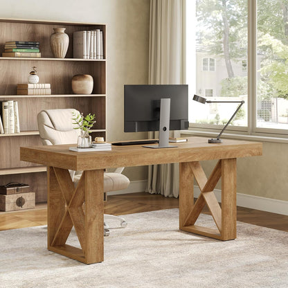 63-Inch Computer Desk, Simple Thick Appearance, Study Gaming Writing Workstation Executive Office Desk for Home, Study Room, Brown