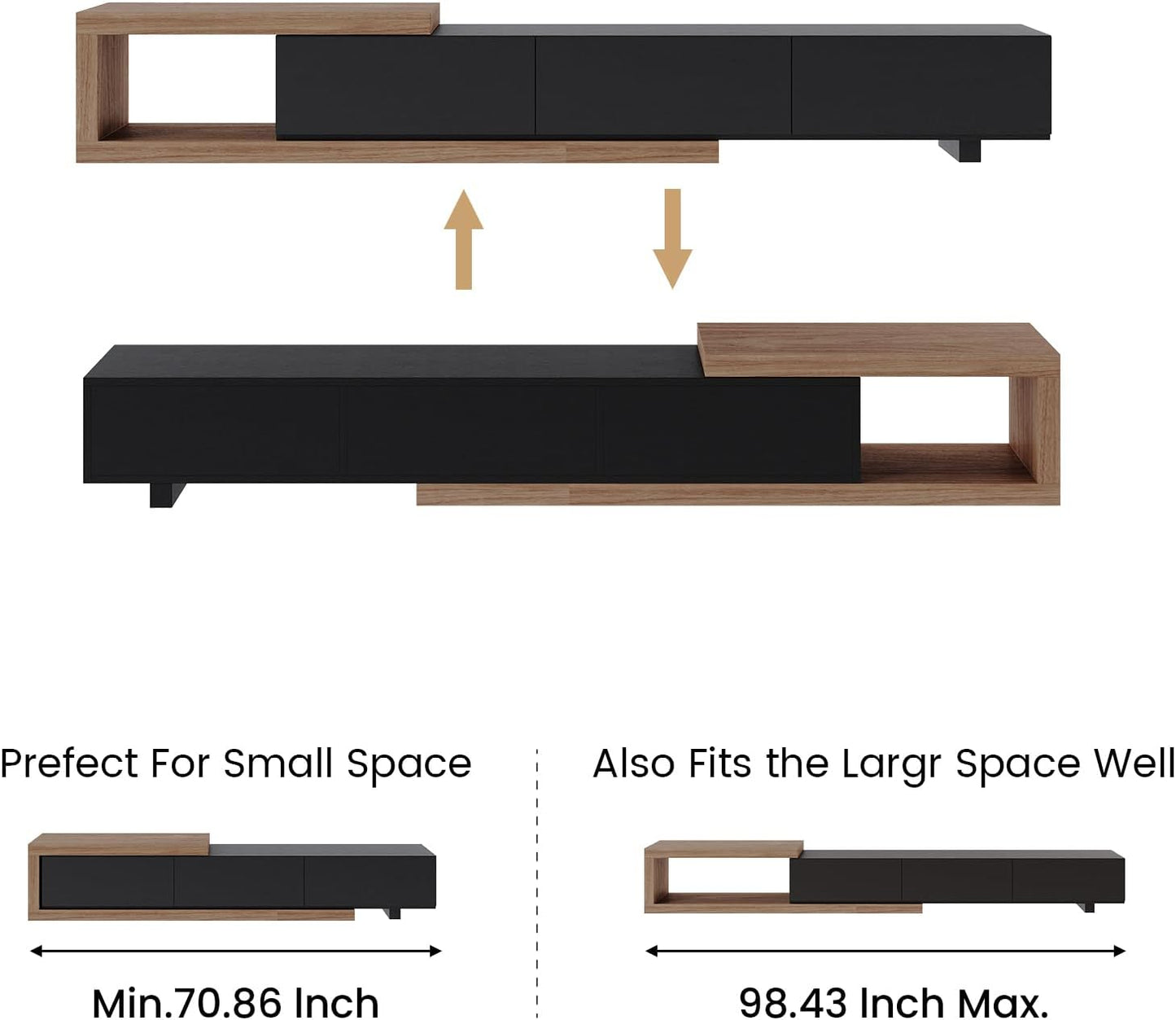 70"-100" Extendable TV Stand with Storage Solid Wood Black TV Media Console Modern Retractable Entertainment Center Low Reversible TV Stand Partial Assembled Walnut & Oak Veneer