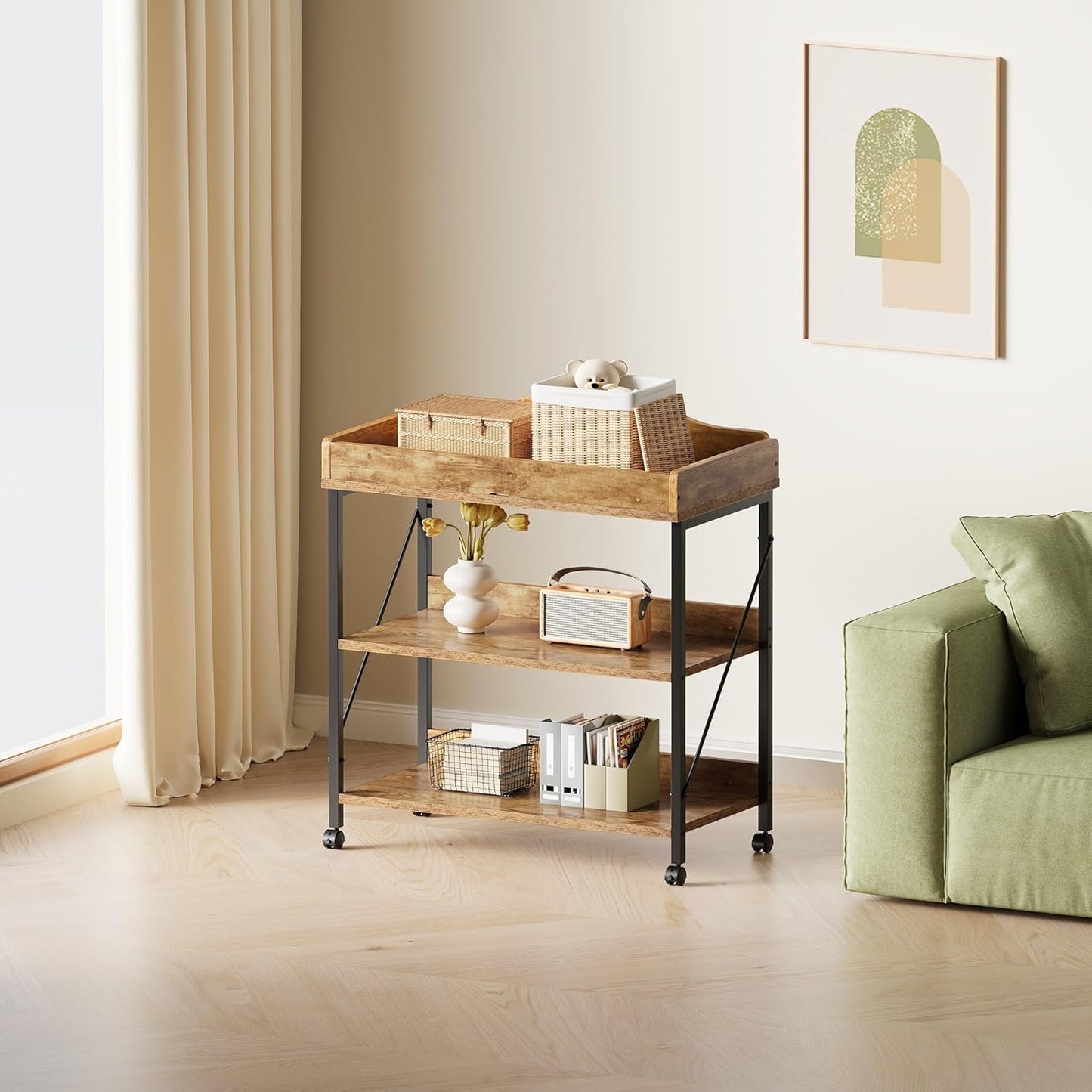 Baby Changing Table, Diaper Changing Station with Pad and Wheels, Two-Tier Open Storage Shelves, Waterproof Diaper Pad & Safety Strap,Compact Baby Furniture for Nursery, Rustic Brown