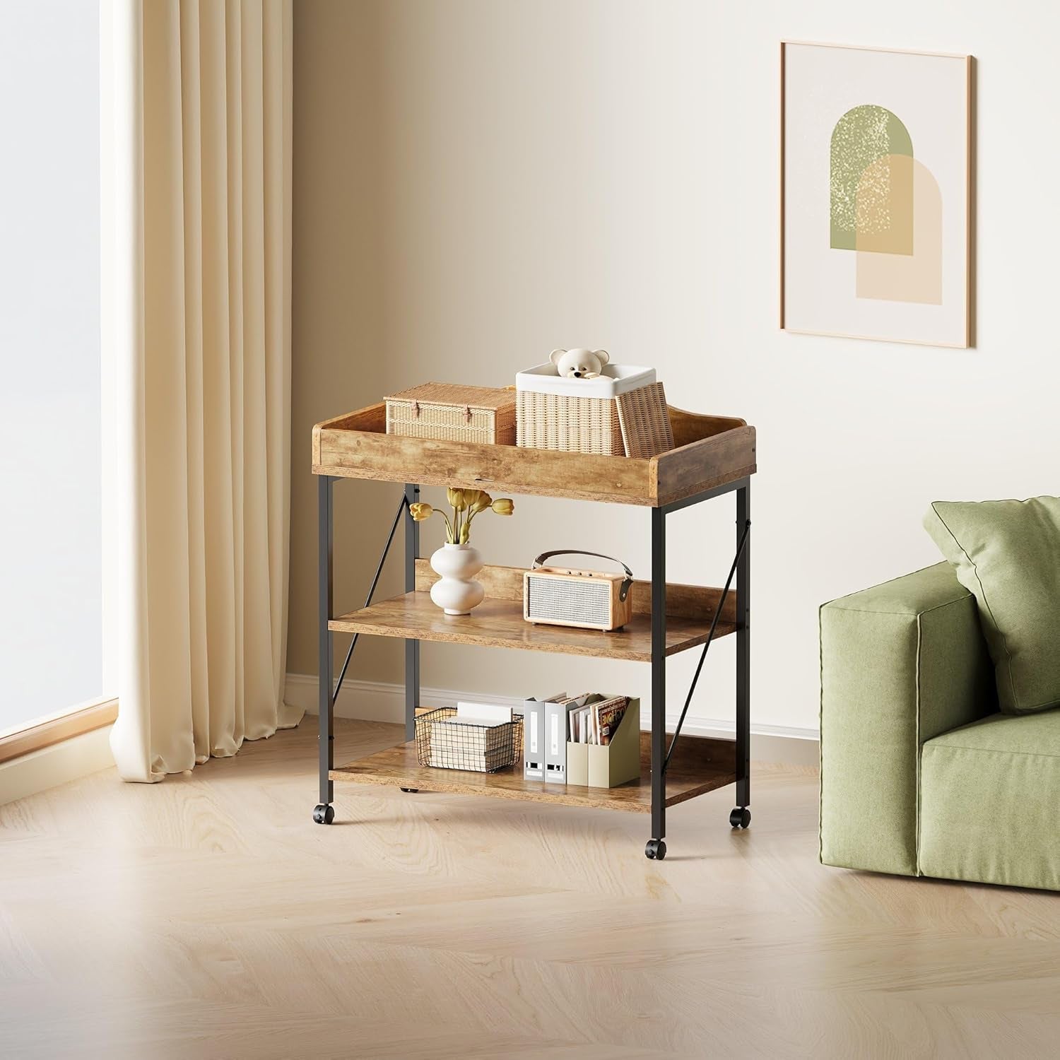 Baby Changing Table, Diaper Changing Station with Pad and Wheels, Two-Tier Open Storage Shelves, Waterproof Diaper Pad & Safety Strap,Compact Baby Furniture for Nursery, Rustic Brown