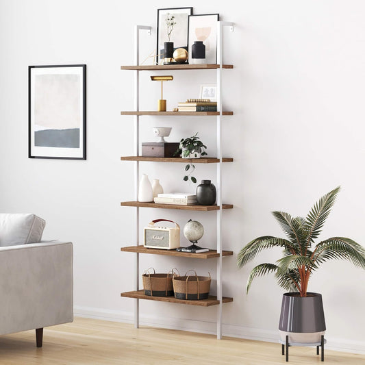 Theo 6-Shelf Tall Bookcase, Wall Mount Bookshelf with Natural Wood Finish and Industrial Metal Frame, Rustic Oak/White