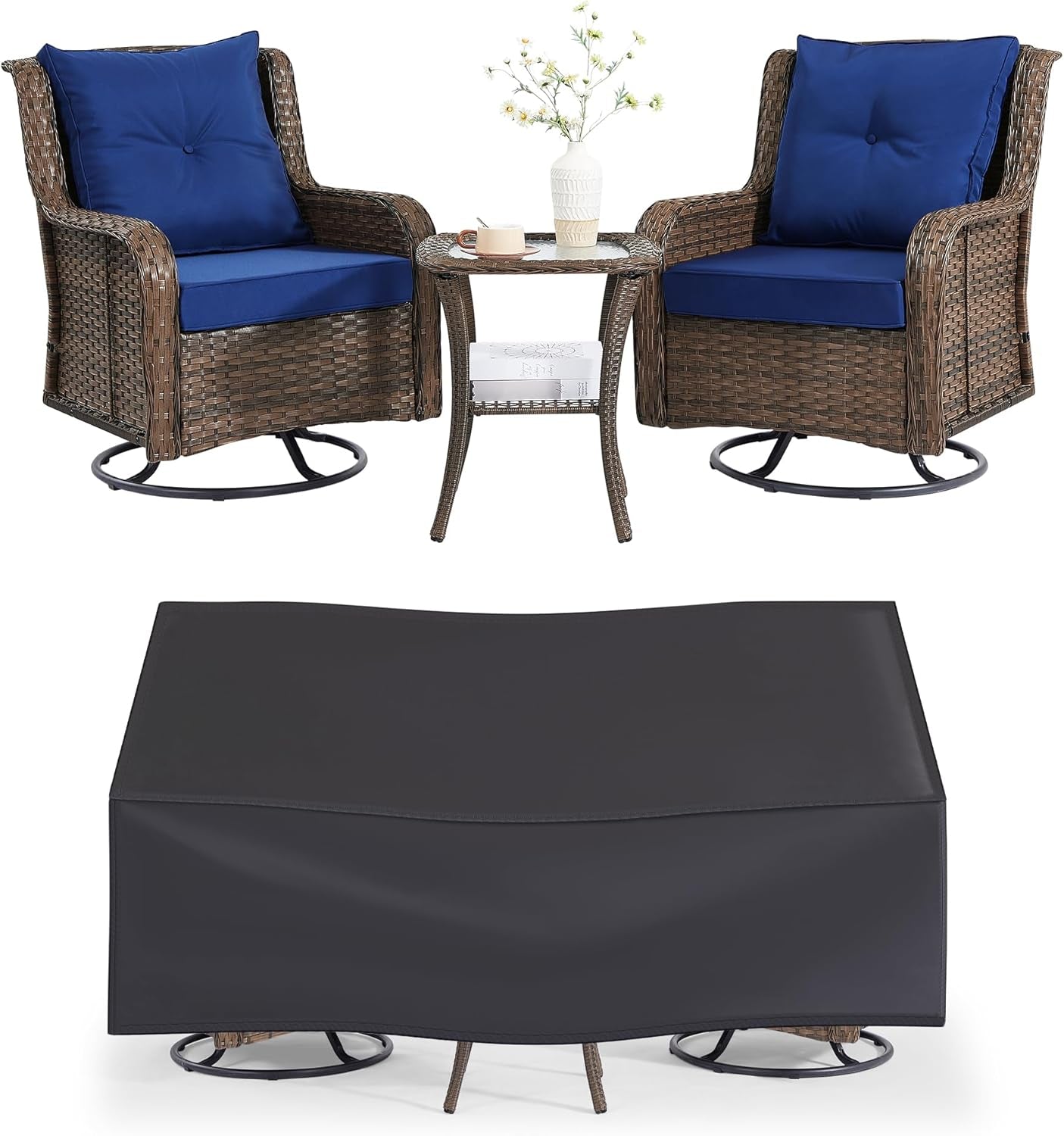 Patio Furniture Sets, 3 Pieces Wicker Outdoor Furniture - 360 Degree Swivel Rocking Chairs and Rattan Side Table for Garden,Porch,Backyard (Brown Wicker/Blue Cushion, 3PCS - Swivel Chairs)