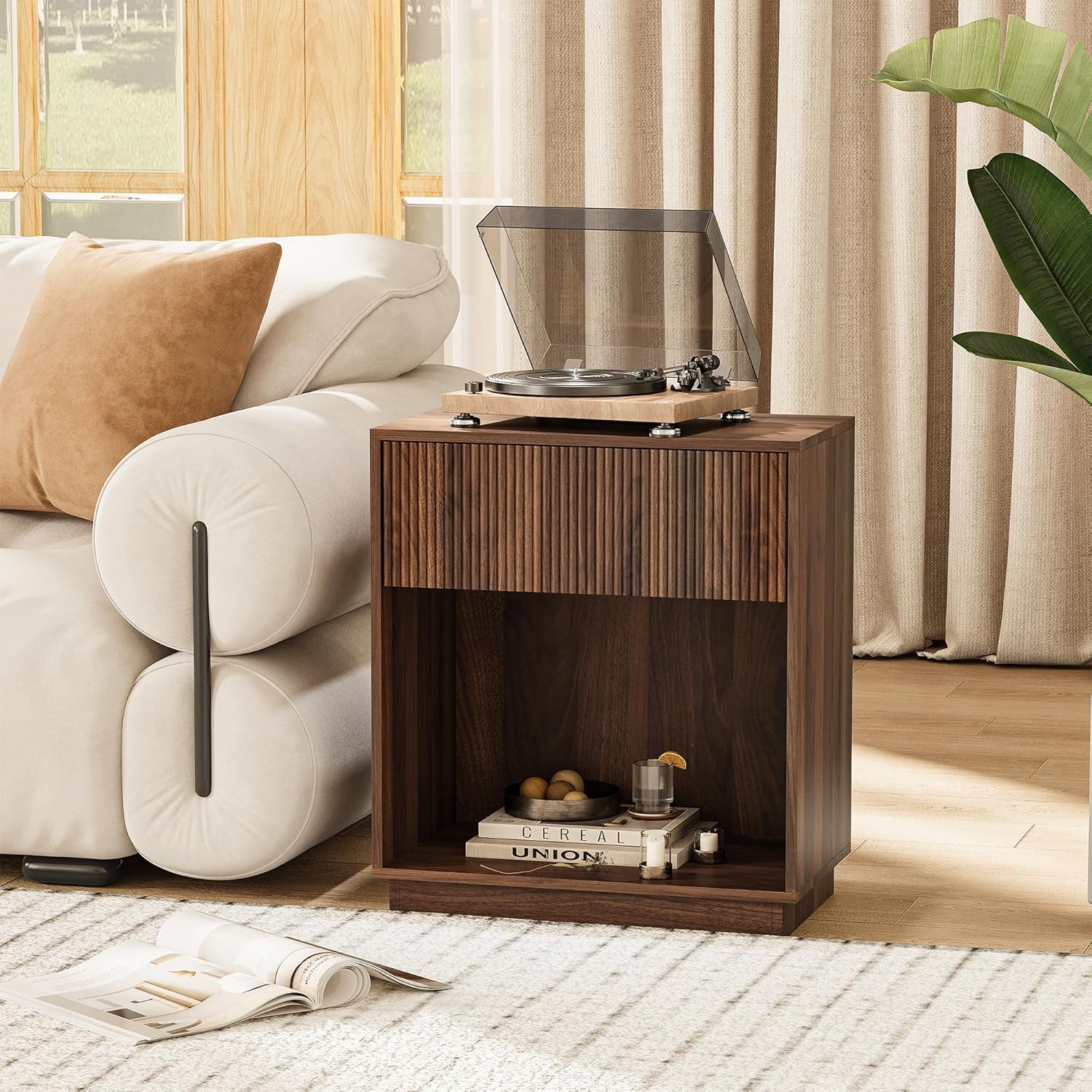 Fluted Nightstands Set of 2, Night Stand with Charging Station, Modern Bed Side Table with Drawer and Storage Shelf, Wood Mid Century End Table for Bedroom Living Room (Walnut)