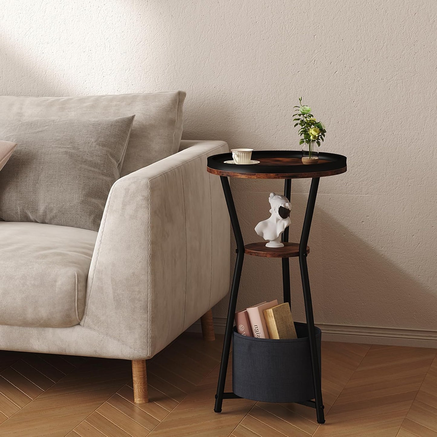 round Side Table, Small Drink Table for Small Spaces, 3-Tier Industrial End Table, Accent Nightstand Bedside Table for Living Room, Bedroom, Sofa Couch, Rustic Brown