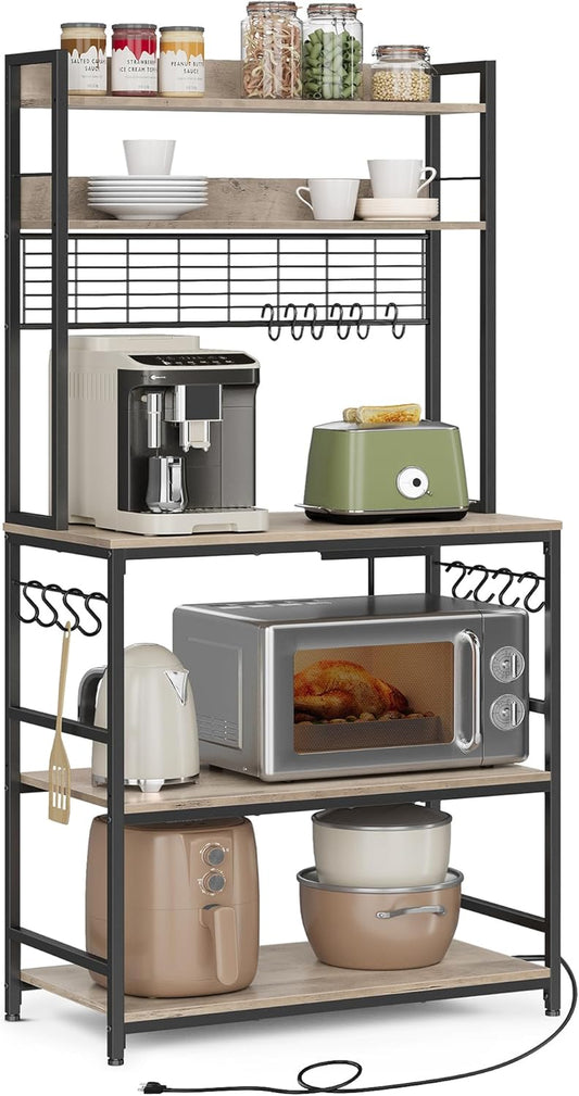 Hutch Bakers Rack with Power Outlet, 14 Hooks Microwave Stand, Adjustable Coffee Bar with Metal Wire Panel, Kitchen Storage Shelf, 15.7 X 31.5 X 66.9 Inches, Greige and Black UKKS025B02