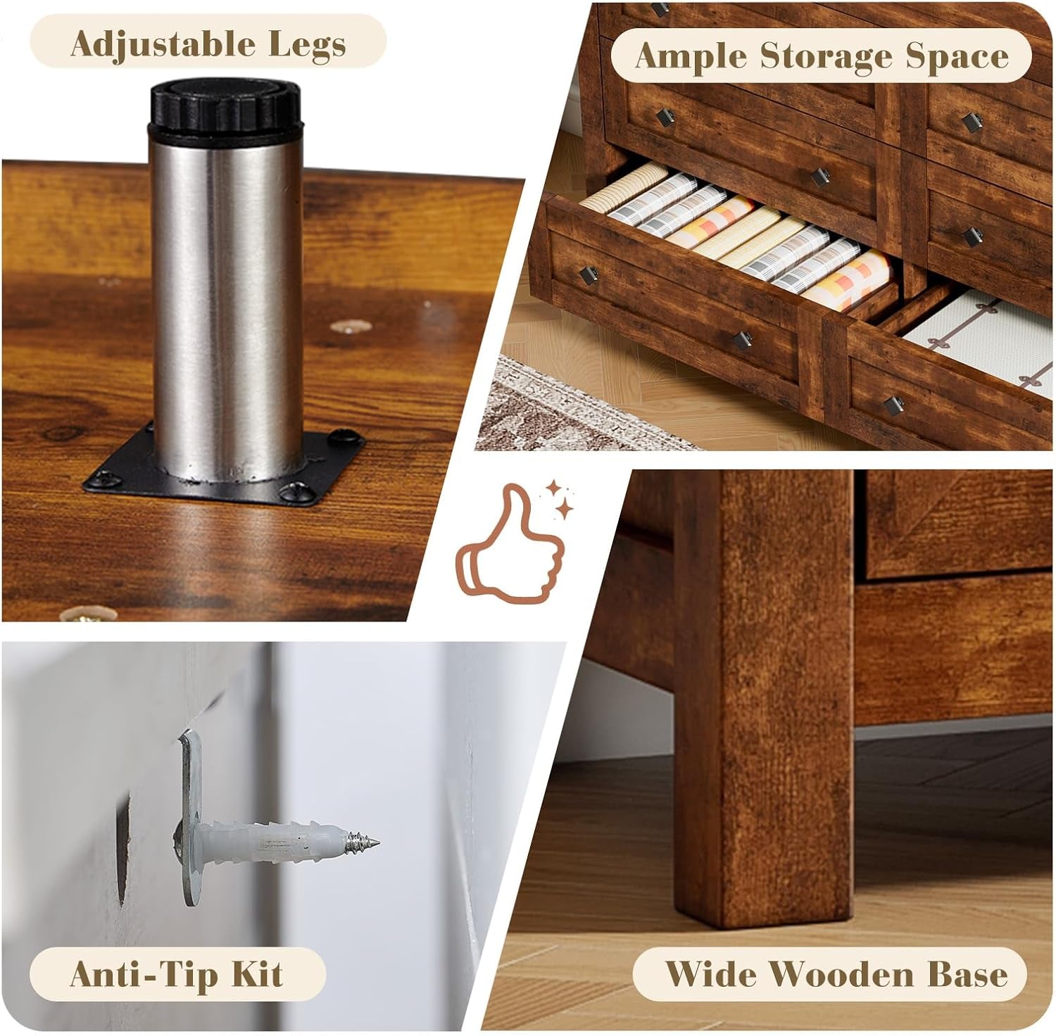 Bedroom Dresser and Nightstand 3 Piece Set, 1 X Wood Rustic 6 Drawer Storage Dresser, Nightstand Set of 2 with Charging Station, Farmhouse Bedroom Furniture Set, Rustic Brown