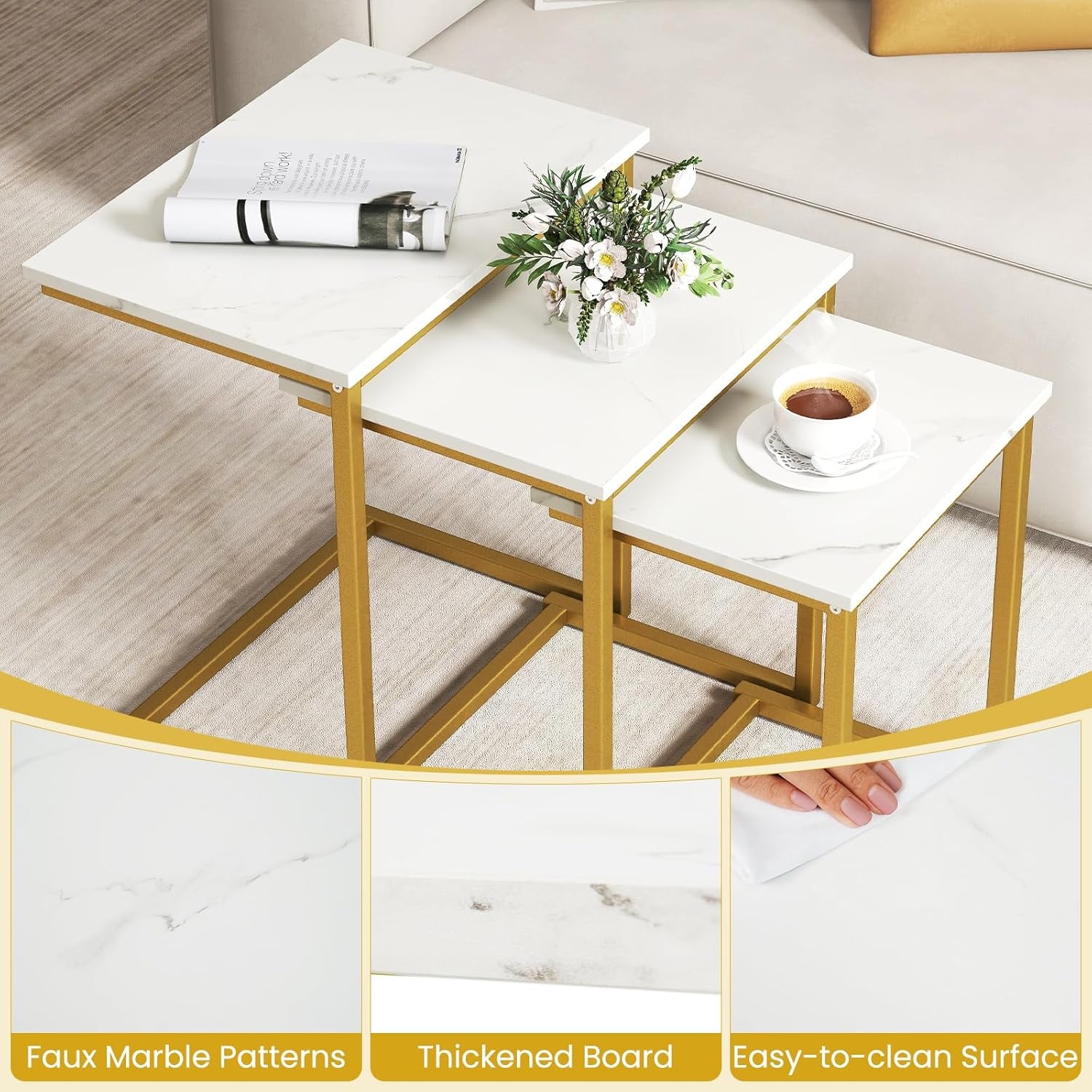 Nesting Coffee Tables Set of 3, Rectangular Nesting Center Table with Faux Marble Top & Metal Frame, Modern C-Shaped Nested Side Table Set for Living Room, Bedroom, Gold & White