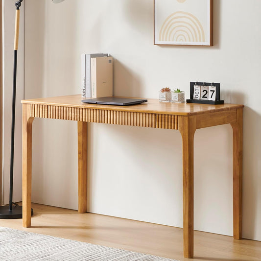 Solid Wood Desk with Drawers, Light Wood Desk for Small Spaces, Small Writing Desk for Bedroom, Gaming Study Home Office Wooden Desks for Work, 39 Inch Wood Computer Desk