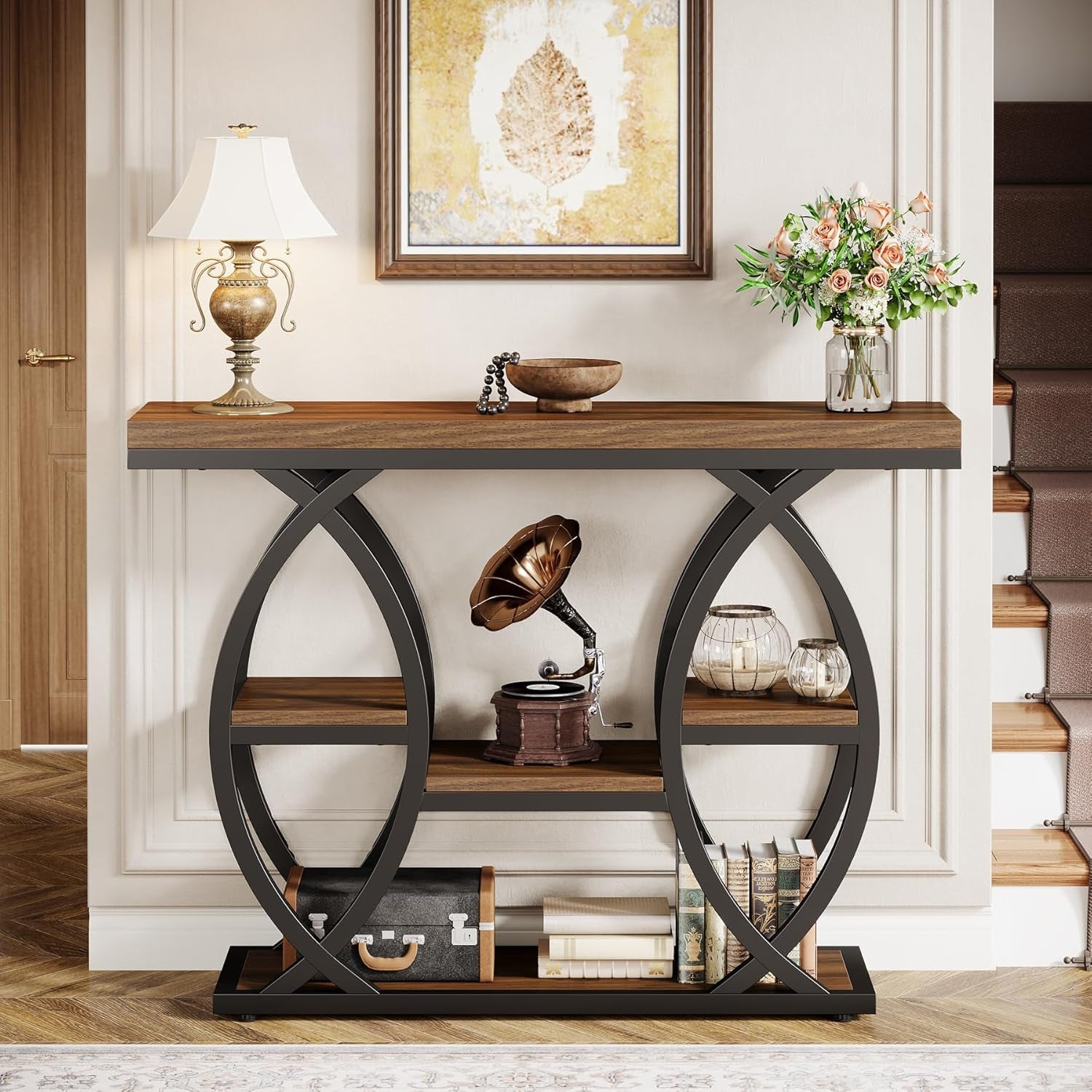 39.4" Console Table, Industrial 4-Tier Sofa Table Entryway Table with Storage Shelves, Narrow Wood Accent Tables with Metal Frame for Small Spaces, Hallway, Foyer, Rustic Brown