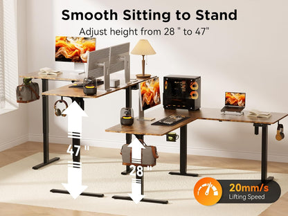 63X55 Inches Reversible L Shaped Standing Desk Height Adjustable with Cup Holder, Electric Corner Computer Desk, Sit Stand up Home Office Desk, Ergonomic Gaming Desk, Rustic Brown