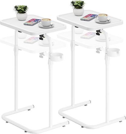 C Shaped End Table with Tiltable Surface, Set of 2, Adjustable Height Side Table, Slide under Couch Table TV Tray for Eating, Sofa Tray for Livingroom, Bedroom White TB01BW0912