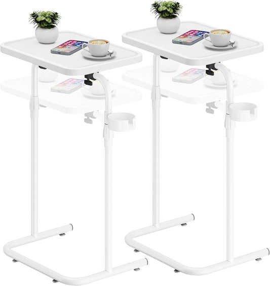 C Shaped End Table with Tiltable Surface, Set of 2, Adjustable Height Side Table, Slide under Couch Table TV Tray for Eating, Sofa Tray for Livingroom, Bedroom White TB01BW0912