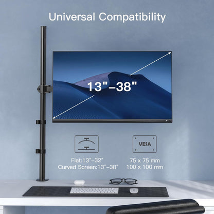 Single Monitor Arm with 39 Inch Extra-Tall Pole, Adjustable Computer Desk Mount for 13–32 Inch Screens and up to 38 Inch Ultrawide Screens, Hold 22 Lbs, Monitor Stand with C-Clamp & Grommt Base