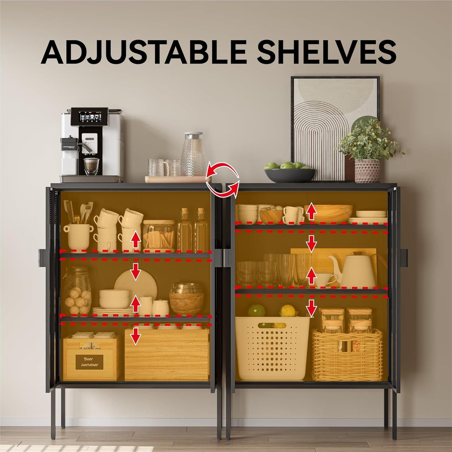 Black Metal Cabinet with Adjustable Shelves, 47”H Industrial Buffet Sideboard & Coffee Bar Station, Ventilated Steel Storage Cabinet with Magnetic Doors for Kitchen, Office, Living Room
