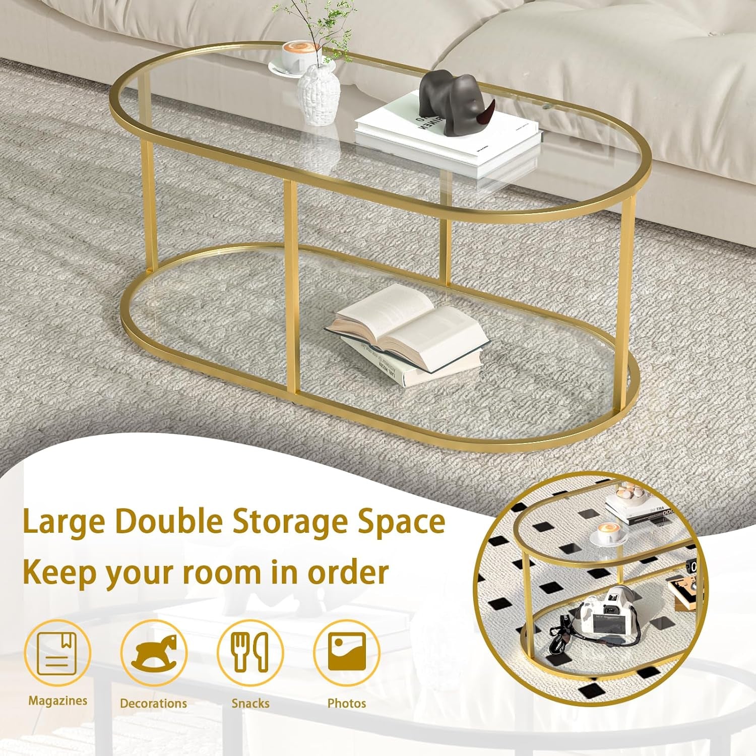 Coffee Table Gold Glass Coffee Table for Living Room,2 Tiers Oval Center Table with Sturdy Metal Frame,Modern Tempered Glass Accent Table for Bedroom Home Office