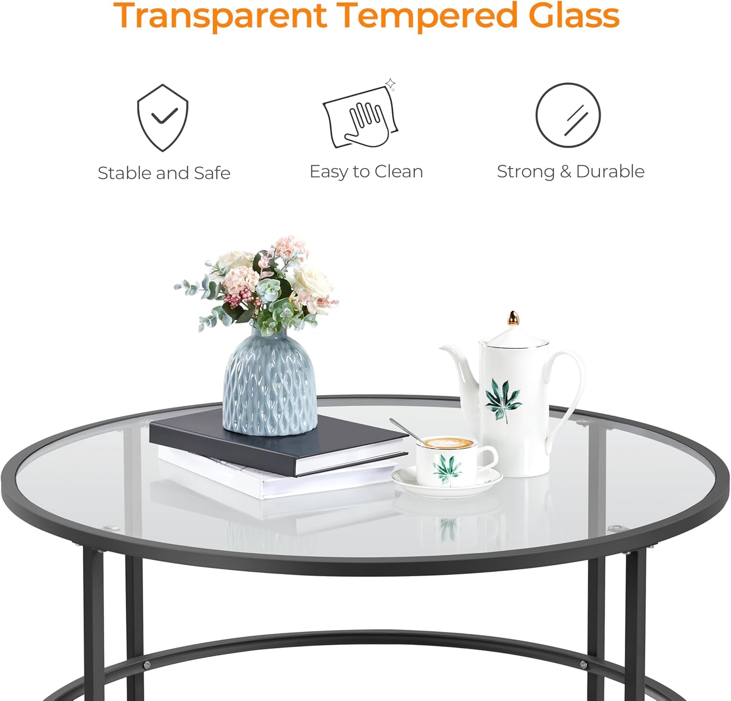 36" round Glass Coffee Table, Black Circle Coffee Table Center Table with Glass Top, Small Coffee Table for Living Room, Office & Apartment