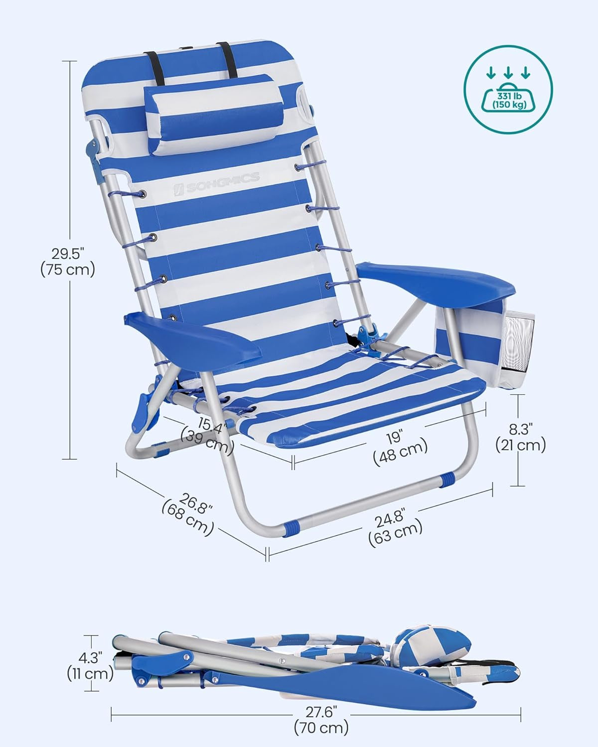 Portable Backpack Beach Chair, 331 Lb Capacity, 4 Angles Adjustable Backrest, 2 Side Pockets, Towel Bar, Blue and White UGCB62BU