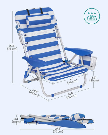 Portable Backpack Beach Chair, 331 Lb Capacity, 4 Angles Adjustable Backrest, 2 Side Pockets, Towel Bar, Blue and White UGCB62BU