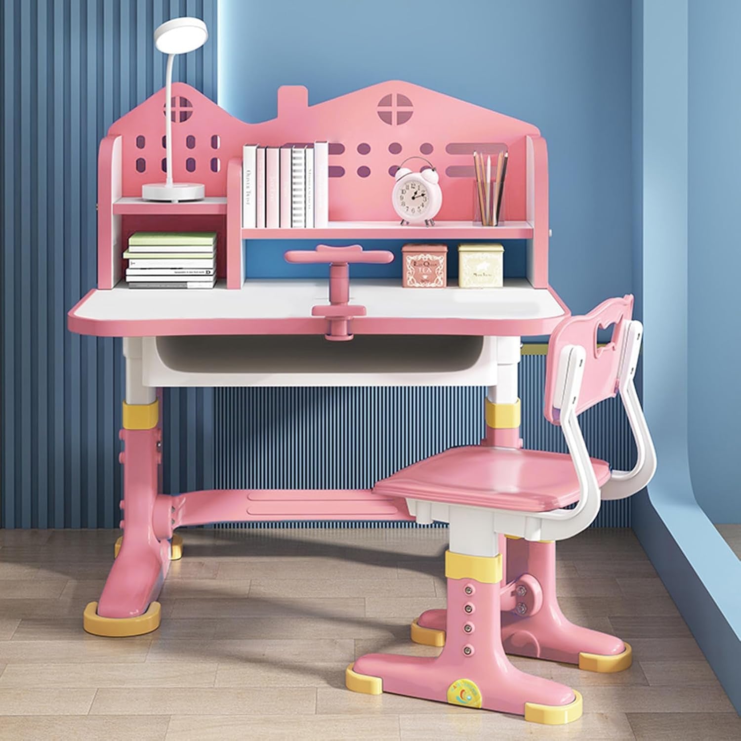 Kids Adjustable Study Desk & Chair Set W/Storage,Drawers,Bookshelf,Child Toddler Writing Homework Table,Little Girl Work Computer Desk,Princess Preschool Desk,Escritorio Mesas Para Niña (Pink A)