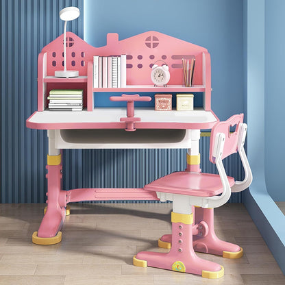 Kids Adjustable Study Desk & Chair Set W/Storage,Drawers,Bookshelf,Child Toddler Writing Homework Table,Little Girl Work Computer Desk,Princess Preschool Desk,Escritorio Mesas Para Niña (Pink A)