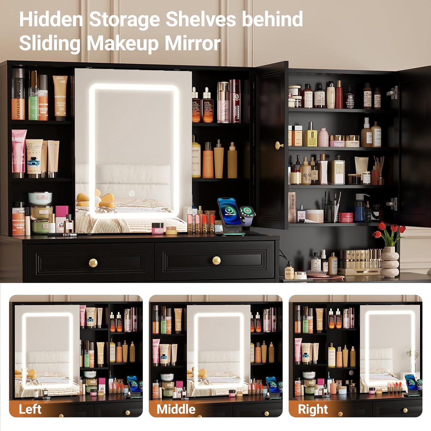 58.6" Large Vanity Desk with Sliding Mirror & Lights, Black Makeup Vanity Table & Nightstand Combo with Power Outlet and 6 Drawers 15 Shelves with Light Strips for Bedroom Dressing Room