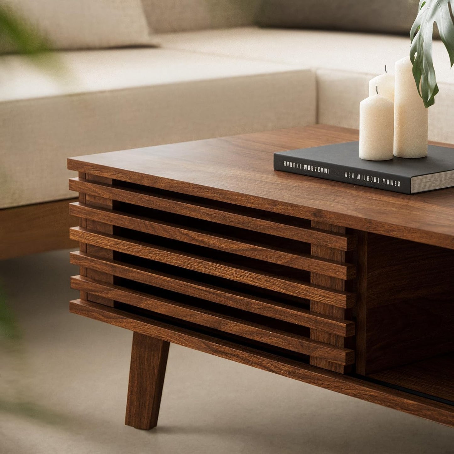 Living Room Table Sets of 2, Mid Century Coffee Table & Dresser TV Stand, Sliding Door Coffee Table with Storage, Modern TV Stand for Bedroom, Living Room, Walnut