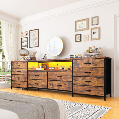 Fits 65,70 Inch Tv Stand, 63" W Entertainment Center with LED Lights & Power Outlets, 12 Long Fabric Dresser for Bedroom, Hallway, Rustic Brown