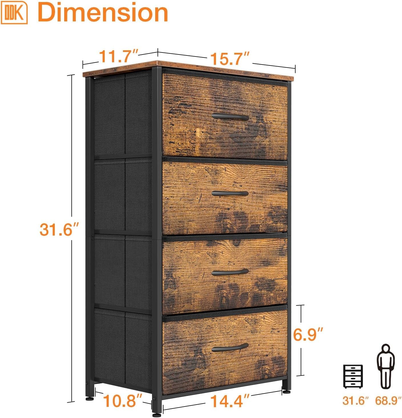 Dresser for Bedroom with 4 Storage Drawers, Small Dresser Chest of Fabric Drawers with Sturdy Steel Frame, Wood Top, Vintage