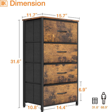 Dresser for Bedroom with 4 Storage Drawers, Small Dresser Chest of Fabric Drawers with Sturdy Steel Frame, Wood Top, Vintage