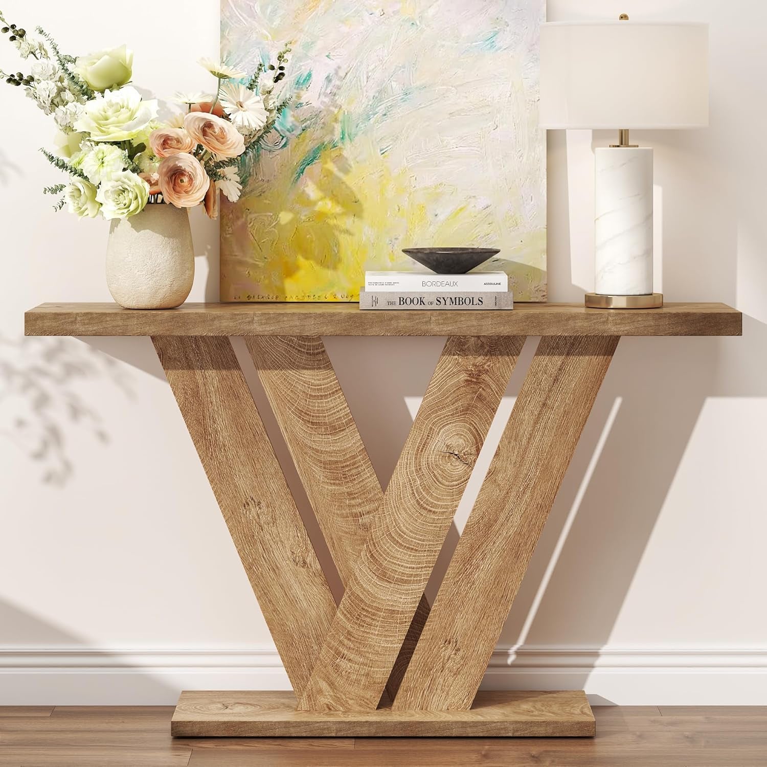 51 Inch Console Table, Farmhouse Entryway Table with V-Shaped, Wood Sofa Table behind Couch Table, Narrow Entryway Accent Table for Living Room, Hallway, Entrance, Foyer, Easy Assembly, Brown