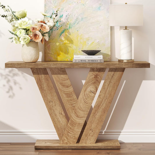 51 Inch Console Table, Farmhouse Entryway Table with V-Shaped, Wood Sofa Table behind Couch Table, Narrow Entryway Accent Table for Living Room, Hallway, Entrance, Foyer, Easy Assembly, Brown