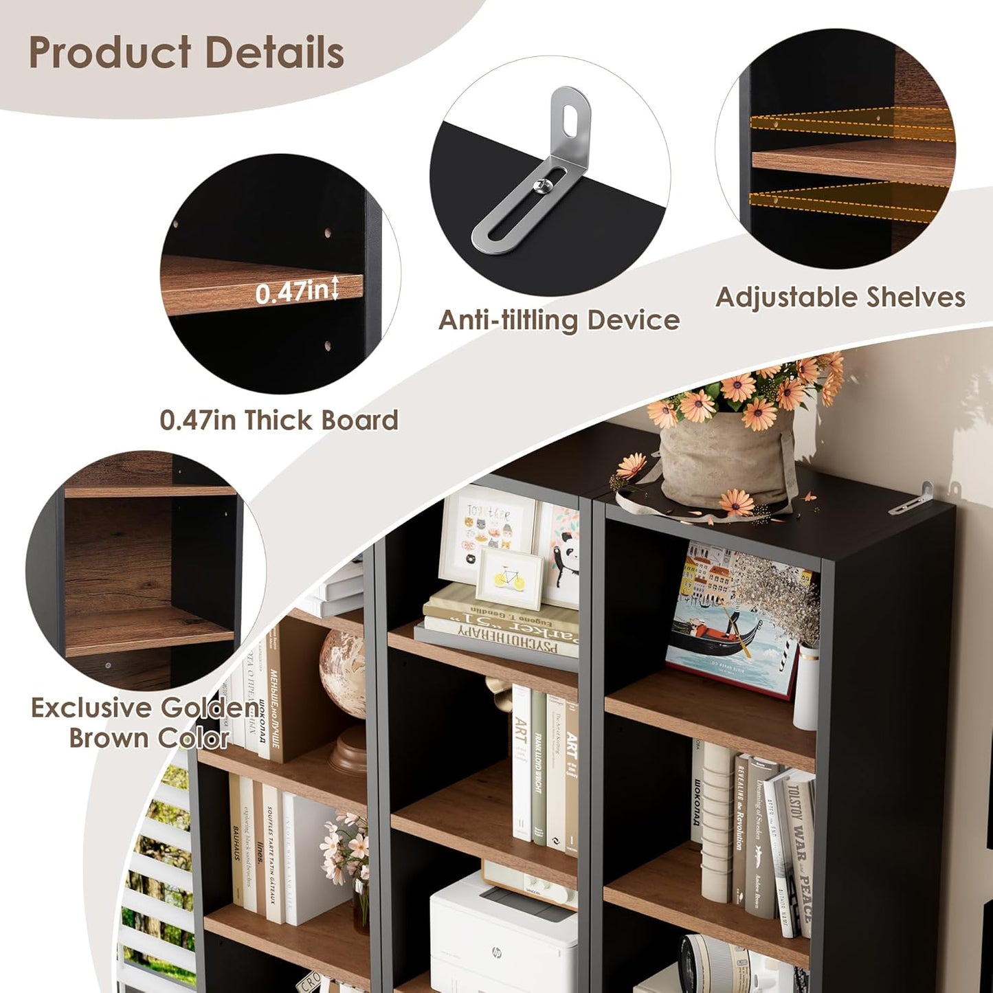 2 Pcs 71'' Tall Narrow Bookshelf, 8-Tier Media Tower Rack Set of 2, CD DVD Storage Cabinet with Adjustable Shelves, Tall Narrow Bookcase Skinny Display Bookshelf Slim Shelf, Black/Brown